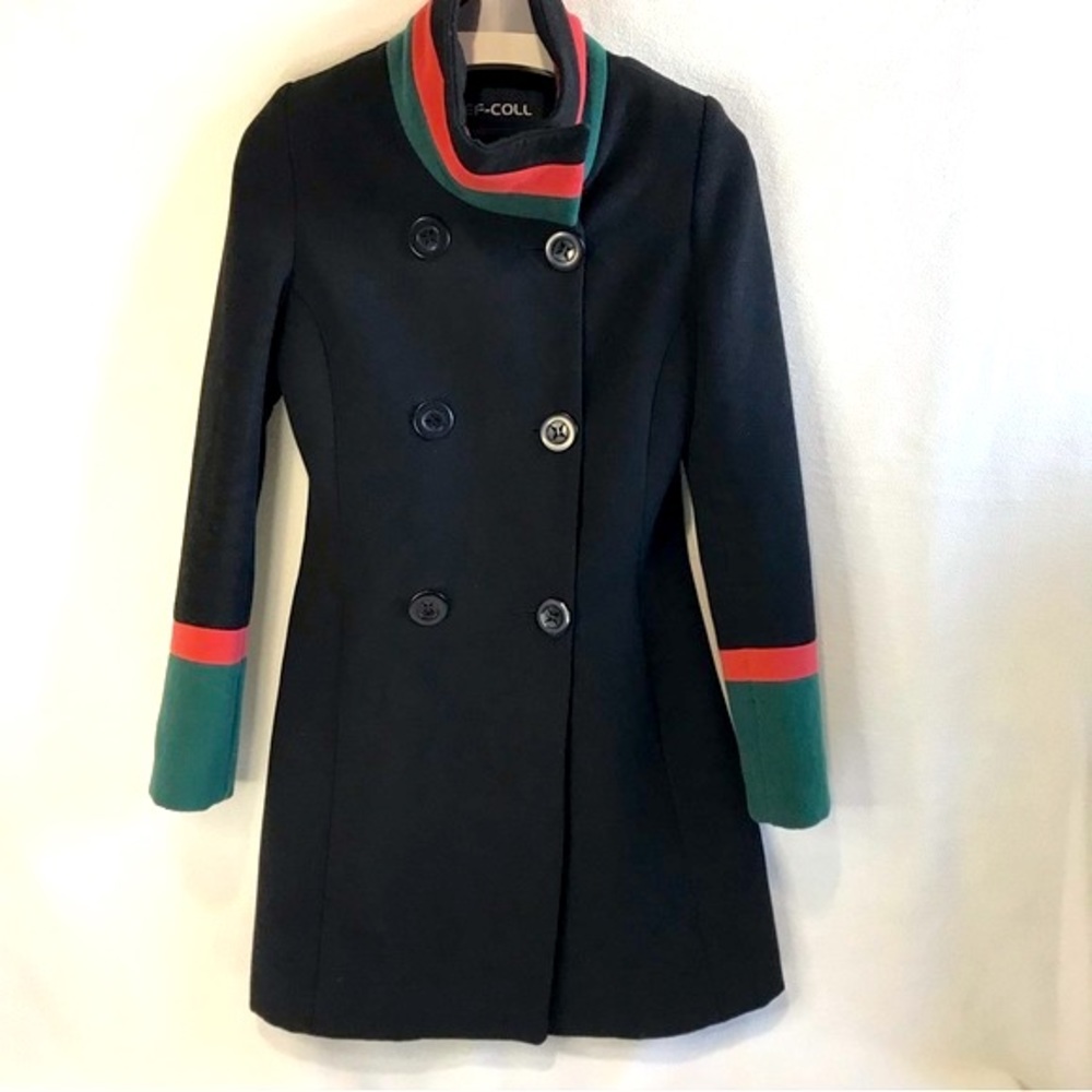 EF-COLL Black w/ red and green striped coat Designer Inspired Size 36 (U…